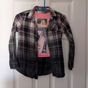 Plaid Button-Up Shirt with Graphic Tee